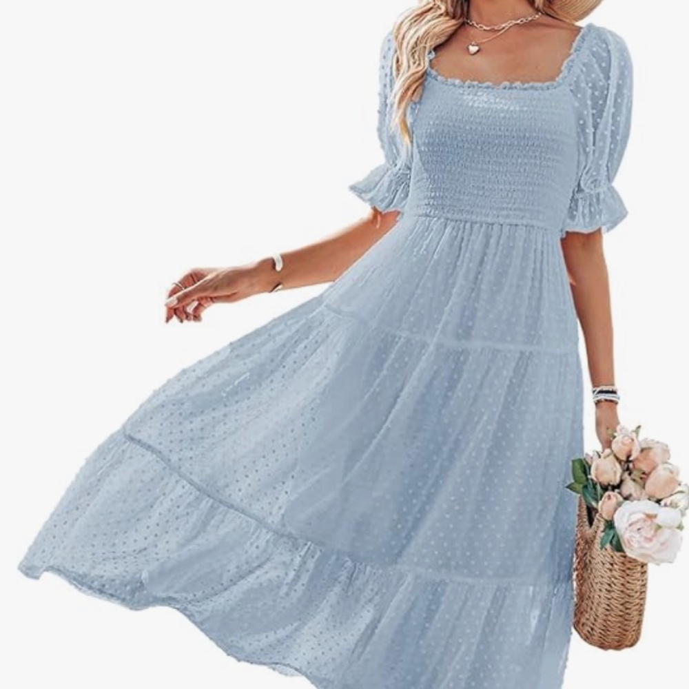 MEROKEETY Women's 2023 Summer Square Neck Puff Sleeve Boho Midi Dress Swiss Dot